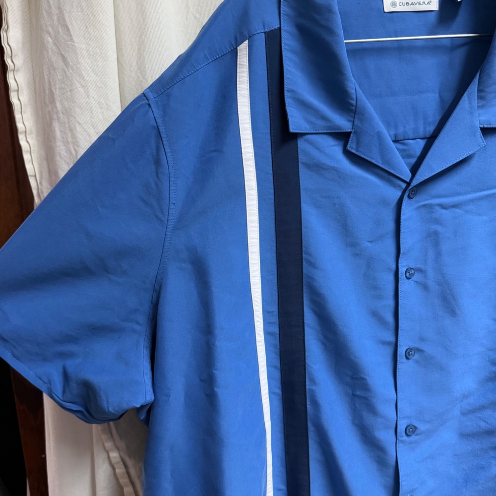 Cubavera Mens 4XLT Blue Striped Short Sleeve Camp Collar Bowling Shirt Classic - Picture 3 of 9